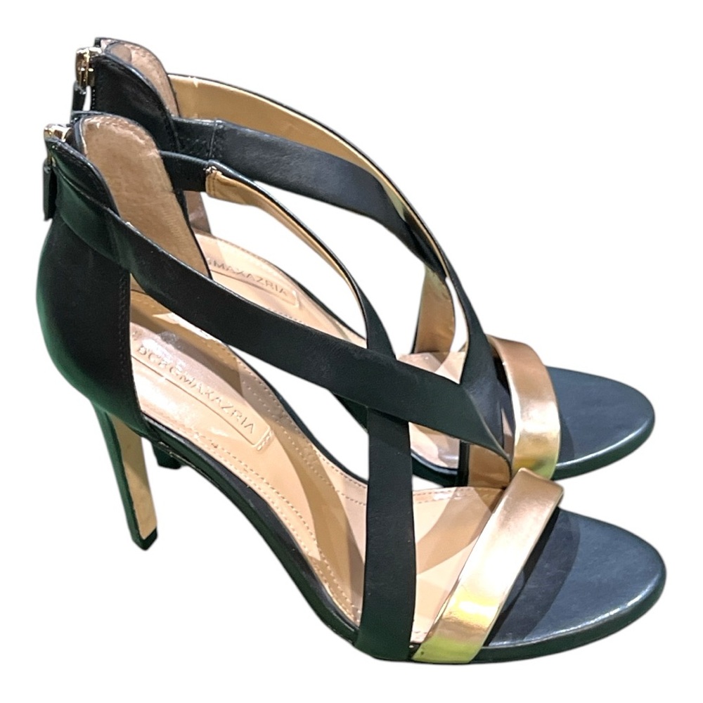 BCBG Max Azria Gold/Black Strap Sandal Stiletto Heels Size 8M.